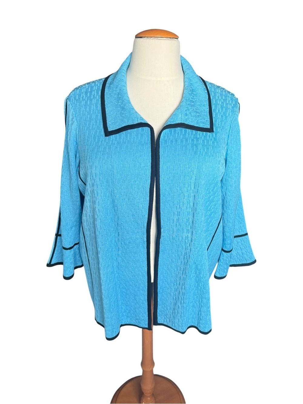 Ming Wang 2X Turquoise Open Knit Jacket Cardigan Top Quiet Luxury Resort Chic